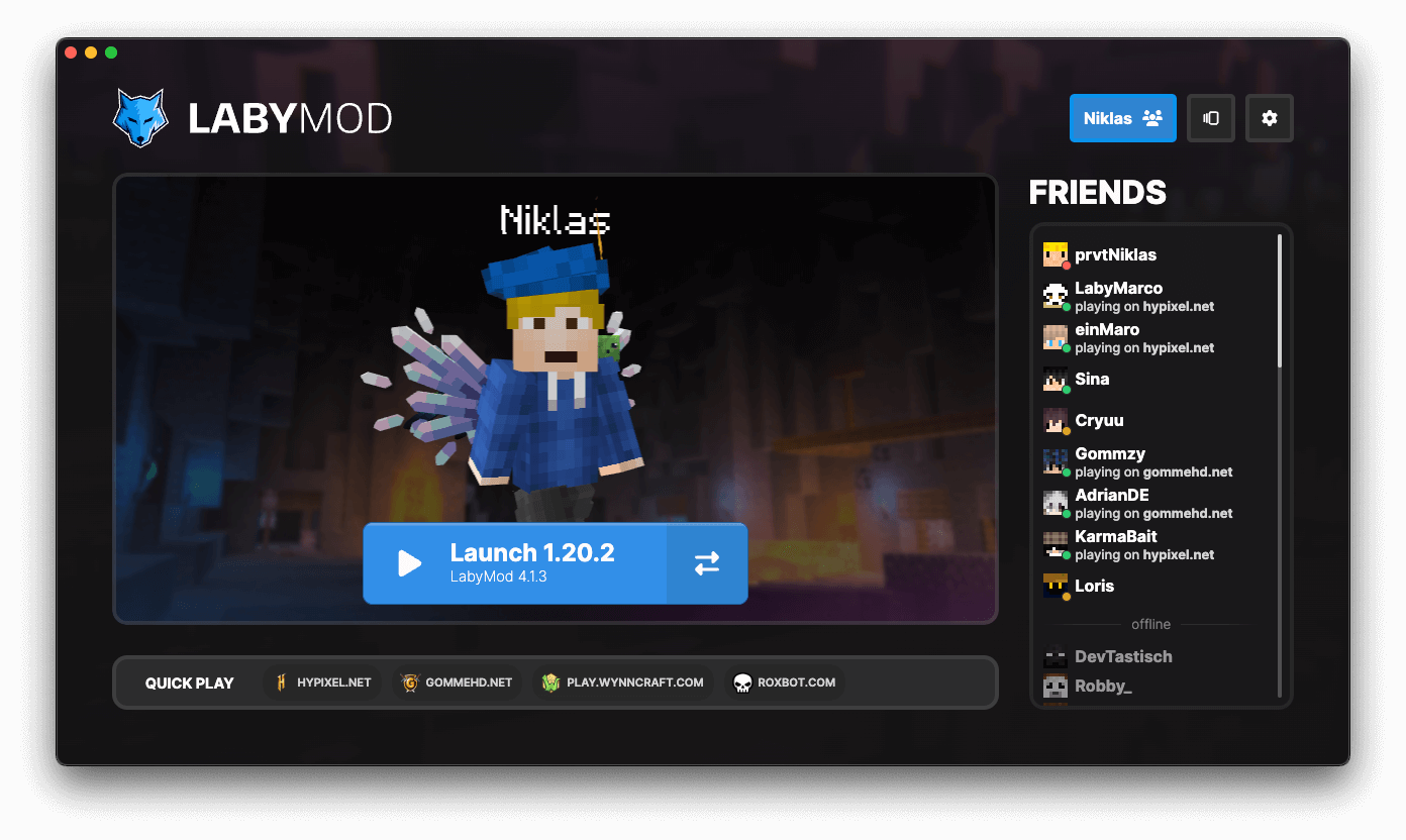 LabyMod Launcher with a clean modern design, friend list and quick join